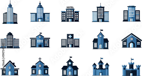 A comprehensive collection of diverse building icons in a modern flat design style, showcasing various architectural structures.