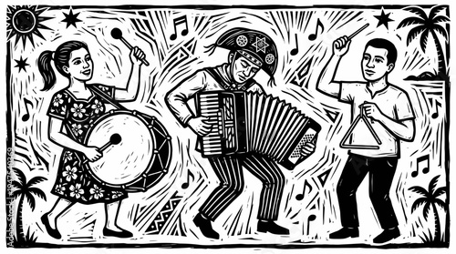 Brazilian Forró Musicians Playing Traditional Instruments in Woodcut Cordel Style Illustration - Black and White Folk Art for Festa Junina