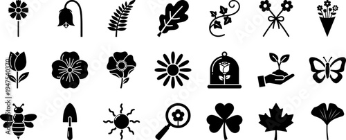 Premium Nature and Spring Garden Glyph Icon Set Featuring Floral Elements, Leaves, Butterflies, Bees, and Botanical Symbols for Professional Graphic Design
