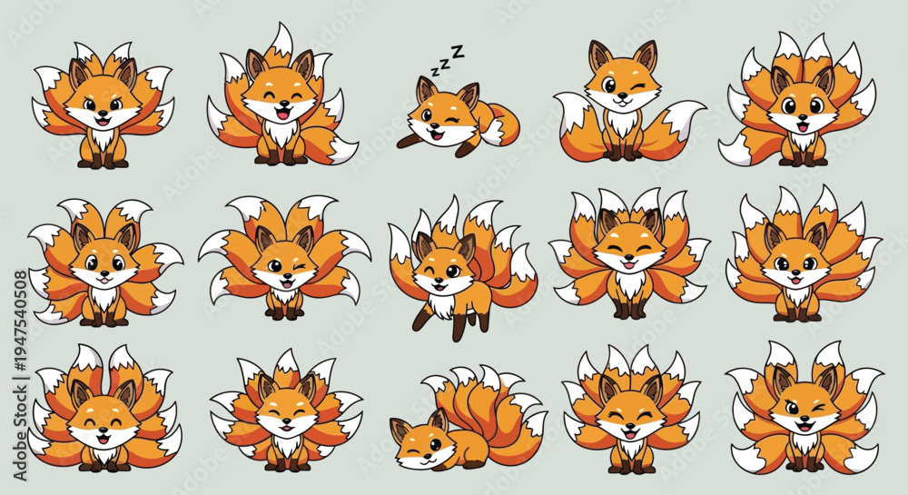 Fototapeta premium Nine-tailed fox character set with various expressions and poses
