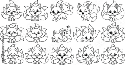 Nine tailed fox line art coloring page for kids and adults