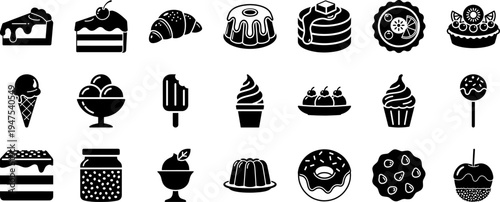 Delicious Dessert and Sweet Treats Glyph Icon Pack featuring Cakes, Ice Cream, Pastries, Donuts, and Bakery Items for Menu Design and Professional Graphics