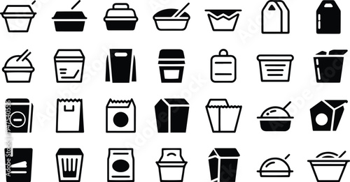  Food Packaging Icons Set. Fast Food Box, Takeaway Bag and Container Symbols Vector
