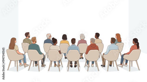 Audience of Diverse People Sitting in Chairs Viewed from Behind at a Seminar or Presentation Illustration