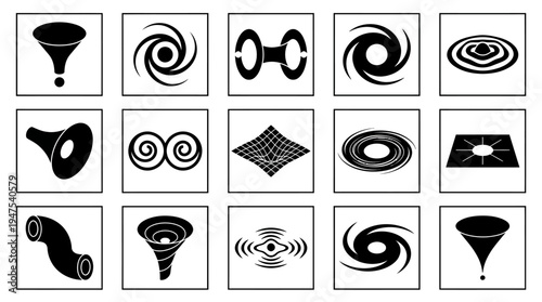 Set of 15 Minimalist Black Hole and Wormhole Icons, Astrophysics and Space-Time Physics Symbols