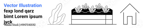 Farming, sustainability, agriculture, home gardening, environment, minimalism. A plant leaf, crop field and house in clean black and white line art. Farming and sustainability