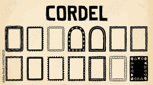 Cordel Style Woodcut Frames and Borders Set, Hand-Drawn Decorative Elements Inspired by Brazilian Folk Art on Vintage Paper Texture