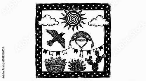 Brazilian Northeast Woodcut Illustration with Cangaço Hat, Sun, Bird, and Cactus