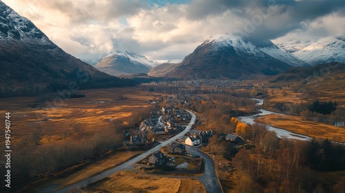Aerial view of glencoe valley and surrounding scottish mountains landscape