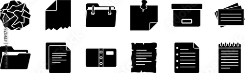 Professional Solid Glyph Pictogram Icon Set for Office Paperwork, Document Management, File Folders, Sticky Notes, Spiral Notebooks, and Archive Storage Boxes