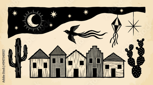 Brazilian Woodcut Style Illustration of a Rural Landscape with Houses, Cacti, Bird and Moon in Cordel Folk Art Aesthetic