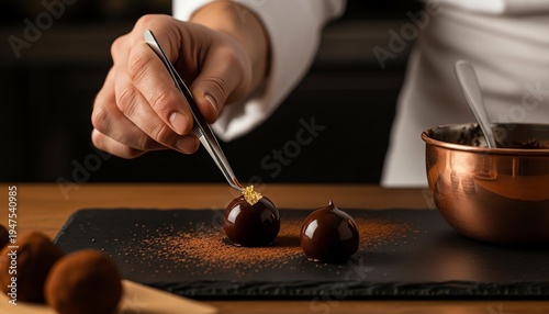 Macro View of Pastry Chef Placing Gold Leaf on Dark Chocolate Truffle with Silver Tweezers in Midnight Parisian Atelier Workshop