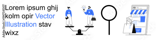 Business strategy, e-commerce, decision making, balance, analysis, online shopping. Two people with documents are balanced on scales, a magnifying glass and online shopping elements. Business