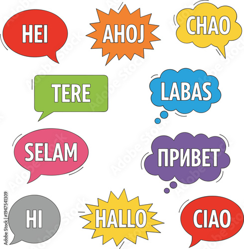 Colorful speech bubbles set with international greetings in different languages for chat and communication concept vector illustration