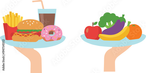 Comparison of healthy fresh fruits and vegetables versus unhealthy fast food choices on plates held by hands vector