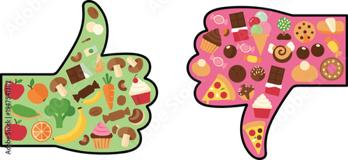 Comparison of healthy versus unhealthy food choices represented by thumbs up and thumbs down conceptual icons vector illustration