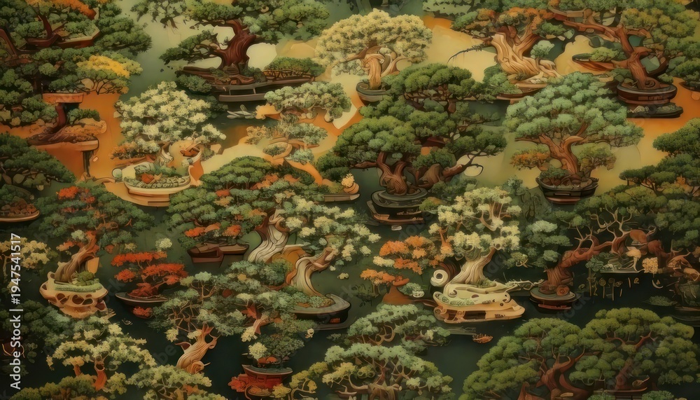 Fototapeta premium Detailed Bonsai Tree Landscape - A Miniature Forest of Tranquility.