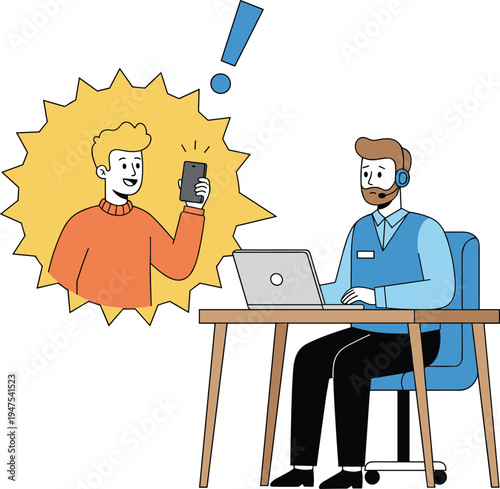 Customer service agent with headset working on laptop helping a client with technical mobile phone support issue