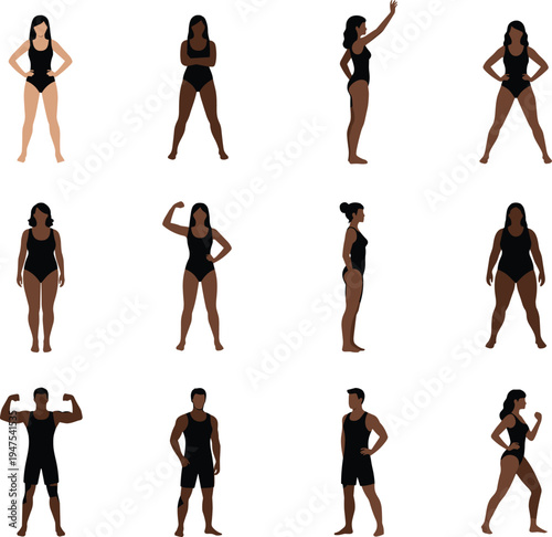 Diverse group of people in various athletic poses and body types representing fitness health and body positivity vector illustration