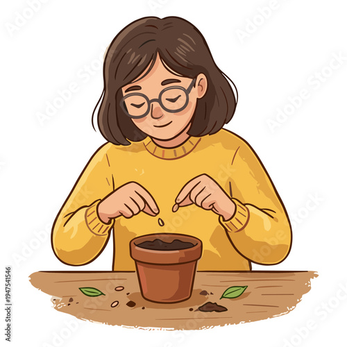 A woman plants a seed in a pot on a table indoors.