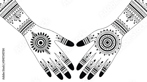 An intricate black and white illustration of two hands adorned with decorative patterns and designs on the palms and arms.