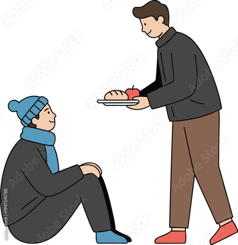 Kind person giving food and bread to a homeless man sitting on the ground in flat vector illustration