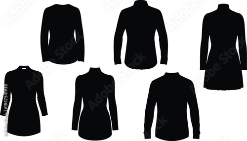 .Collection of six apparel silhouettes, black vector icons of sweatshirts, pullovers, and tank top isolated on white background.