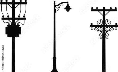Black Silhouette Set of Vintage Street Lamps and Utility Power Poles Isolated on White Background, Retro Vector Illustration of Urban Lighting Infrastructure Design