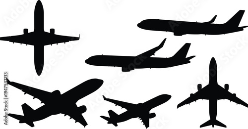 Collection of six commercial airplane silhouettes, black vector icons of passenger aircraft from different perspectives isolated on white.