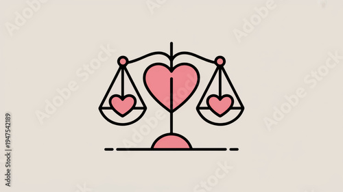 Heart shaped scales with balanced love hearts on a neutral beige background symbolizing harmony