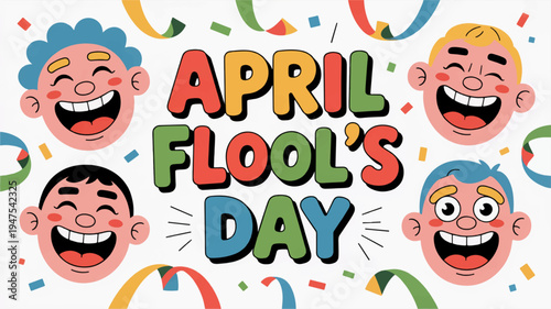 Colorful april fools' day illustration with laughing faces and confetti