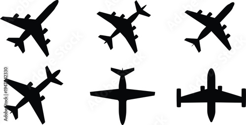 Collection of six commercial airplane silhouettes, black vector icons of passenger jets from various angles isolated on white.