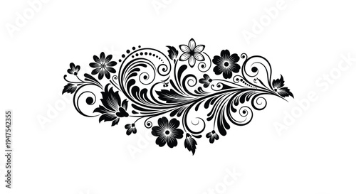 Intricate floral arrangement with swirling leaves and blossoms presented as a dark silhouette high quality professional