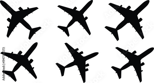 Collection of six commercial airplane silhouettes, black vector icons of passenger jets from various flight angles isolated on white.