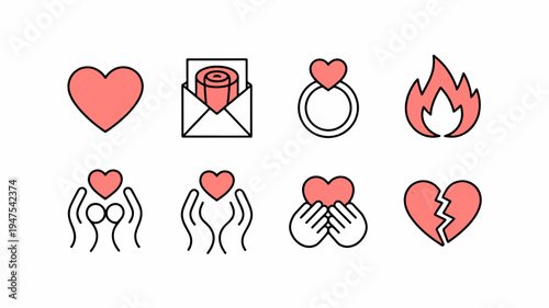 Heart icons in various emotional states and relationships on white background