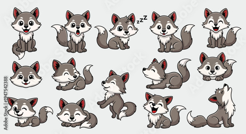 Grey wolf pup character mascot set with different poses and moods