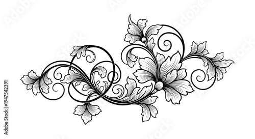 Elegant floral swirl design featuring intricate leaves and blossoms a captivating black silhouette high quality professional