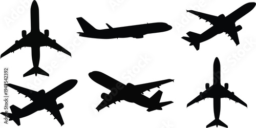Collection of six commercial airplane silhouettes, black vector icons of passenger jets from various technical angles isolated on white.
