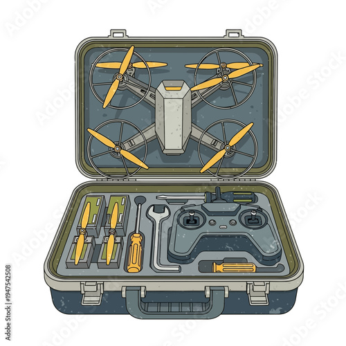 Drone with propellers, remote control, and tools in an open case