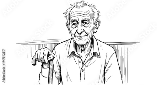 Detailed black and white illustration of an elderly man with a cane, seated on a bench, wearing a shirt, conveying wisdom and experience, with a serene expression