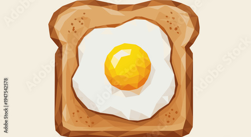 Geometric illustration of a fried egg resting on a slice of toast, featuring a vibrant yellow yolk and warm brown bread, set against a light background