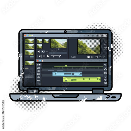Laptop computer with video editing software interface on screen