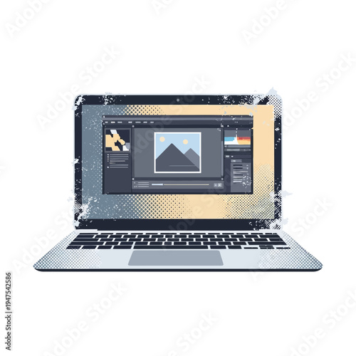 Laptop displaying digital editing software with mountain landscape