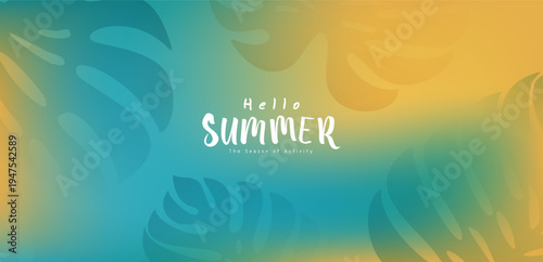 Hello Summer Teal Yellow Green Tropical Gradient Poster with Abstract Leaf Silhouettes and Seasonal Activity Typography