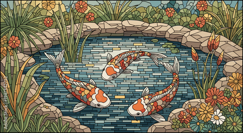 Colorful koi fish swimming gracefully in a serene garden pond surrounded by lush greenery and vibrant flowers, with a mosaic-style artistic background