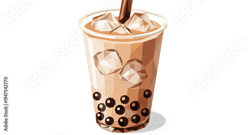 Illustration of iced bubble tea with tapioca pearls in a transparent cup, featuring geometric shapes and a white background