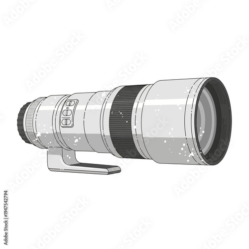 Telephoto Camera Lens with White Background and Snowflakes
