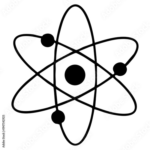 Black atom symbol, atomic structure illustration, science icon