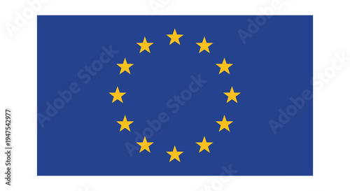 The flag of the european union featuring twelve golden stars on a deep blue background silhouette