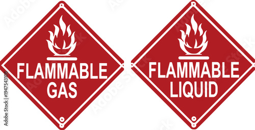 Flammable Gas and Flammable Liquid Hazard Warning Signs with Fire Symbol, Red Diamond Safety Labels for Chemical Storage, Industrial Safety, Dangerous Materials